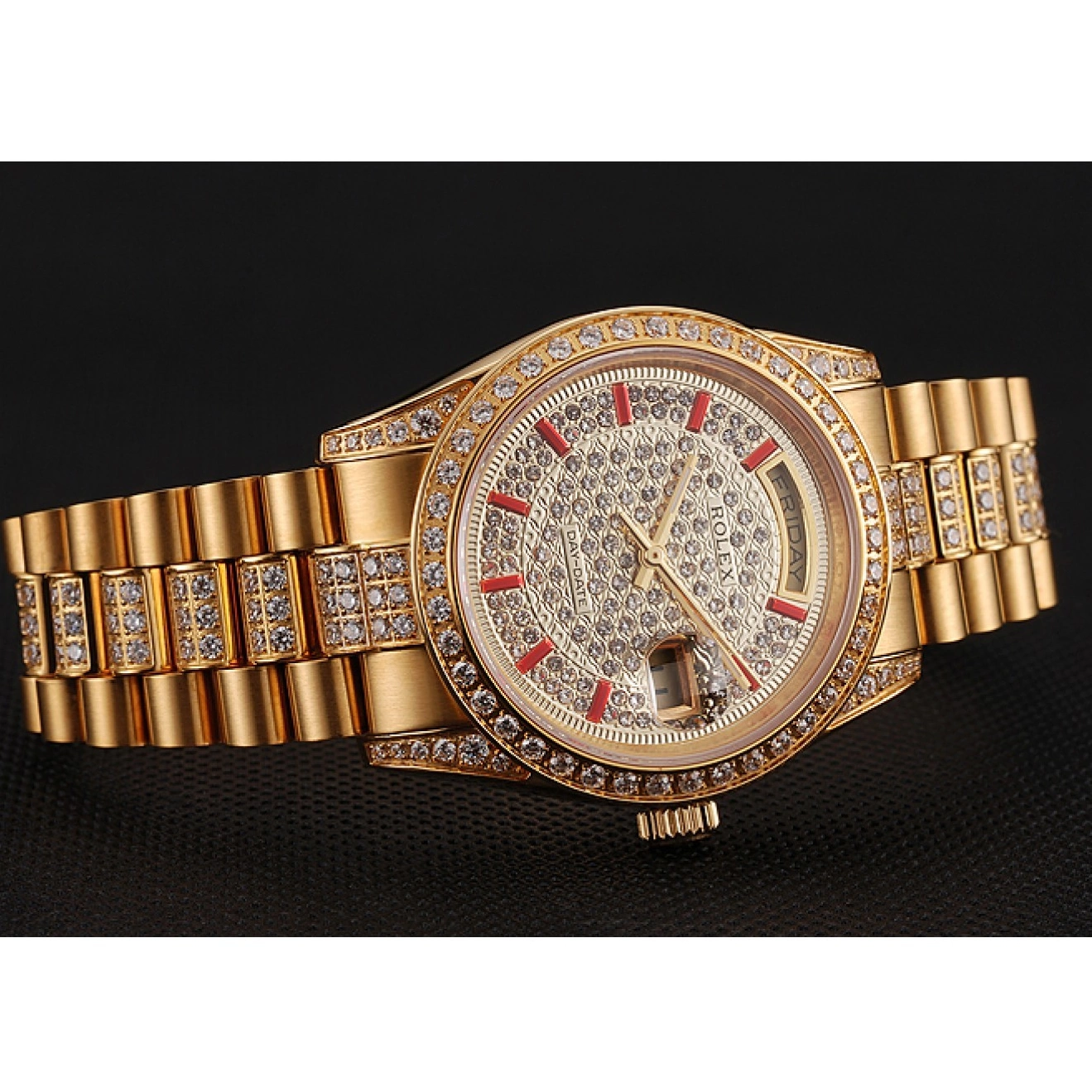 Best AAA Replica Sites Swiss 1453960 Diamond Gold Bracelet Day-Date Rolex Diamond Red Pave Dial 0616